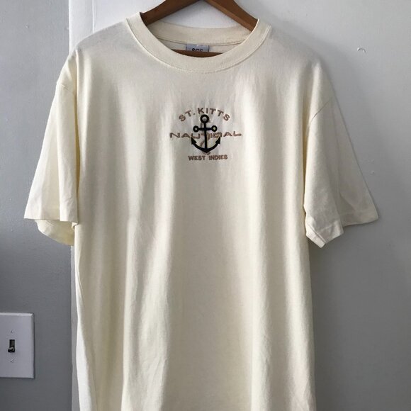 Vintage 90s SGS St. Kitts West Indies Nautical Embroidered T-Shirt Cream Large - Picture 1 of 7